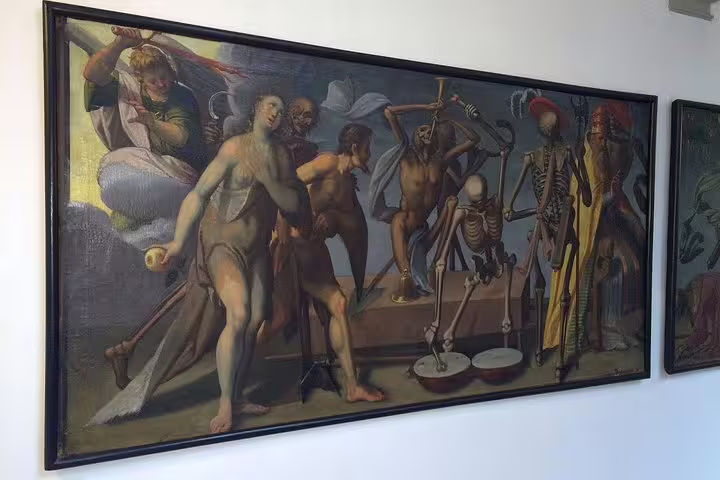 Intriguing artwork depicting historical and mythological scenes, featured in a Lucerne cultural venue.