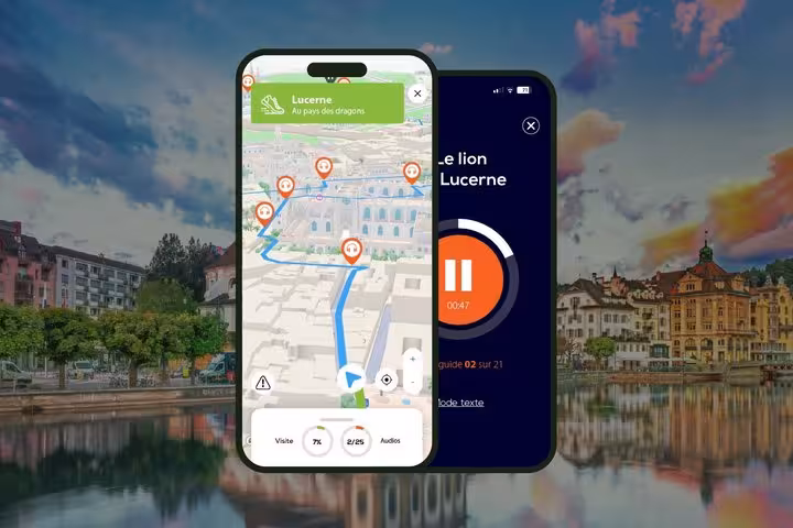 Lucerne self-guided walking tour app showing interactive map with audio commentary on two smartphones