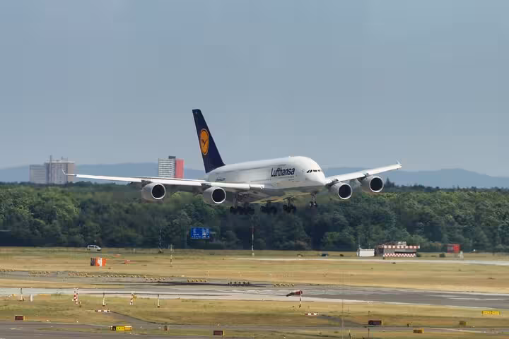 Lufthansa Airbus A380 landing at Frankfurt Airport runway