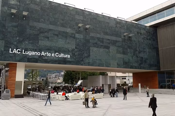 LAC Lugano Arte e Cultura plaza and modern facade, key stop on a Lugano city tour in Ticino, Switzerland