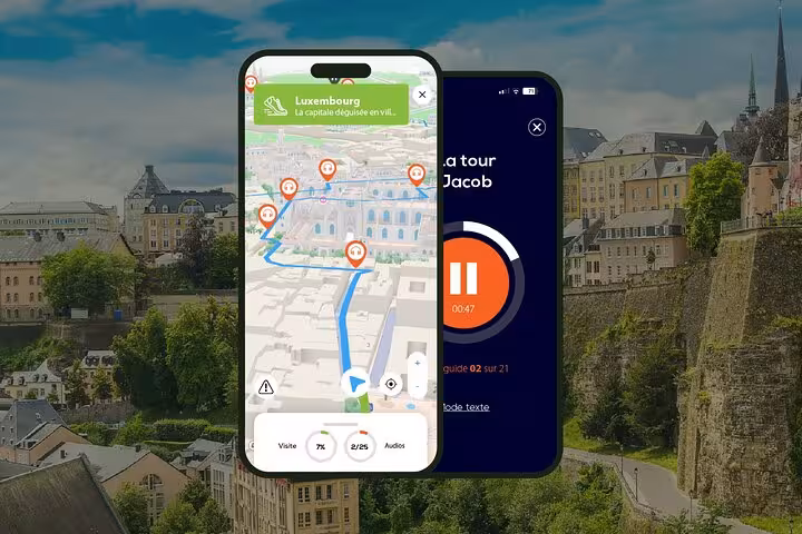 Self-guided audio walking tour app showing Luxembourg City map with route and audio guide interface on smartphone
