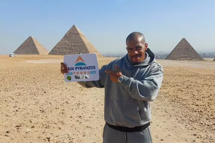 Tour guide at Giza Pyramids in Cairo, highlight of overnight Luxor to Cairo VIP first class train trip