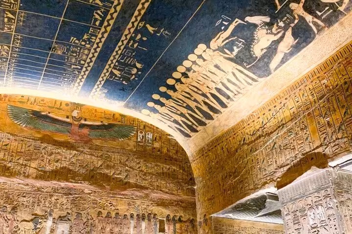 Ancient Egyptian tomb ceiling and hieroglyphs in Luxor on Hurghada day excursion with hot air balloon