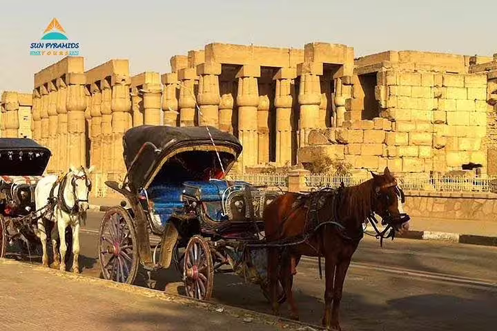 Luxor horse carriage city tour beside Karnak Temple columns, Egypt, with traditional carriages lined up