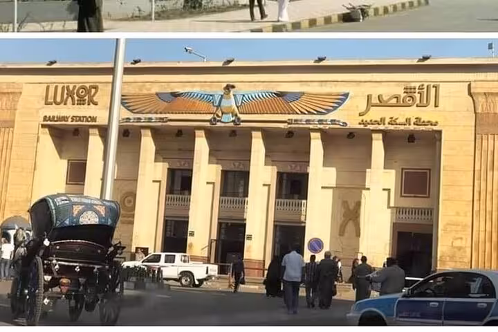 Luxor Railway Station exterior with horse carriage nearby, meeting point for private 3-hour Luxor city ride
