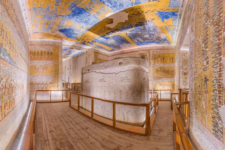 Inside the Tomb of Seti I with colorful ceiling and hieroglyphs, Luxor 2-day tour from Hurghada