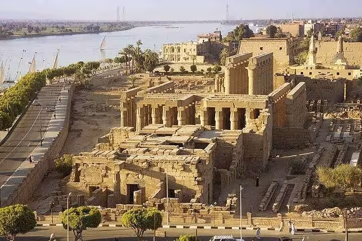 Aerial view of Luxor Temple on the Nile River, key stop on full-day Luxor East and West Bank private tour