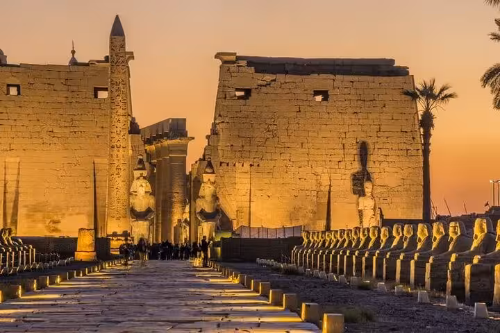 Luxor Temple avenue of sphinxes at sunset, highlight of Comfort Luxor trip from Hurghada with transfers