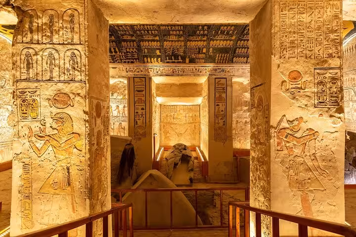 Painted tomb corridor in Luxor with hieroglyphs, featured on private Luxor day tour with flexible itinerary