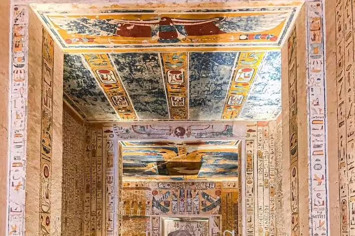 Painted tomb chamber in Luxor with vivid hieroglyphs, featured on 3 nights 2 days tour from Cairo by sleeper train