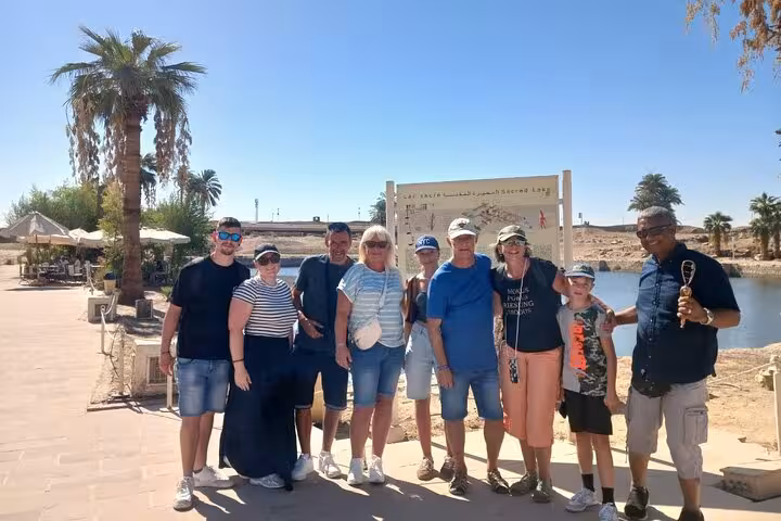 Tour group photo in Luxor on Marsa Alam day trip visiting Karnak Temple and Valley of the Kings highlights