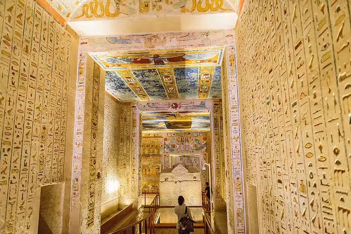 Painted tomb corridor with hieroglyphs in Luxor Valley of the Kings on Hurghada to Luxor bus day tour