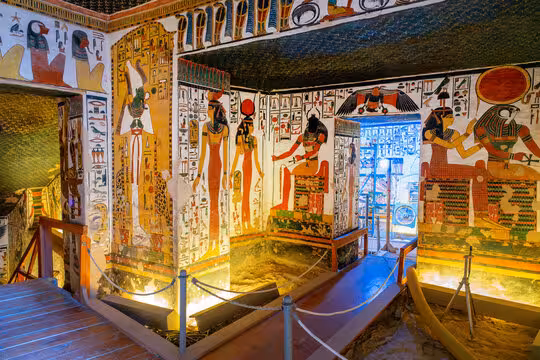 Vivid tomb wall paintings in the Valley of the Kings, Luxor on a 2-day Luxor Dendera Abydos trip from Hurghada