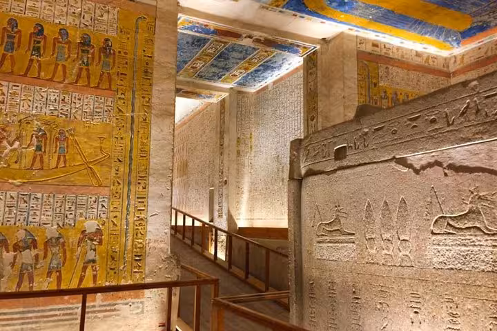 Painted tomb chamber with hieroglyphs in Valley of the Kings, Luxor day trip from Hurghada Egypt