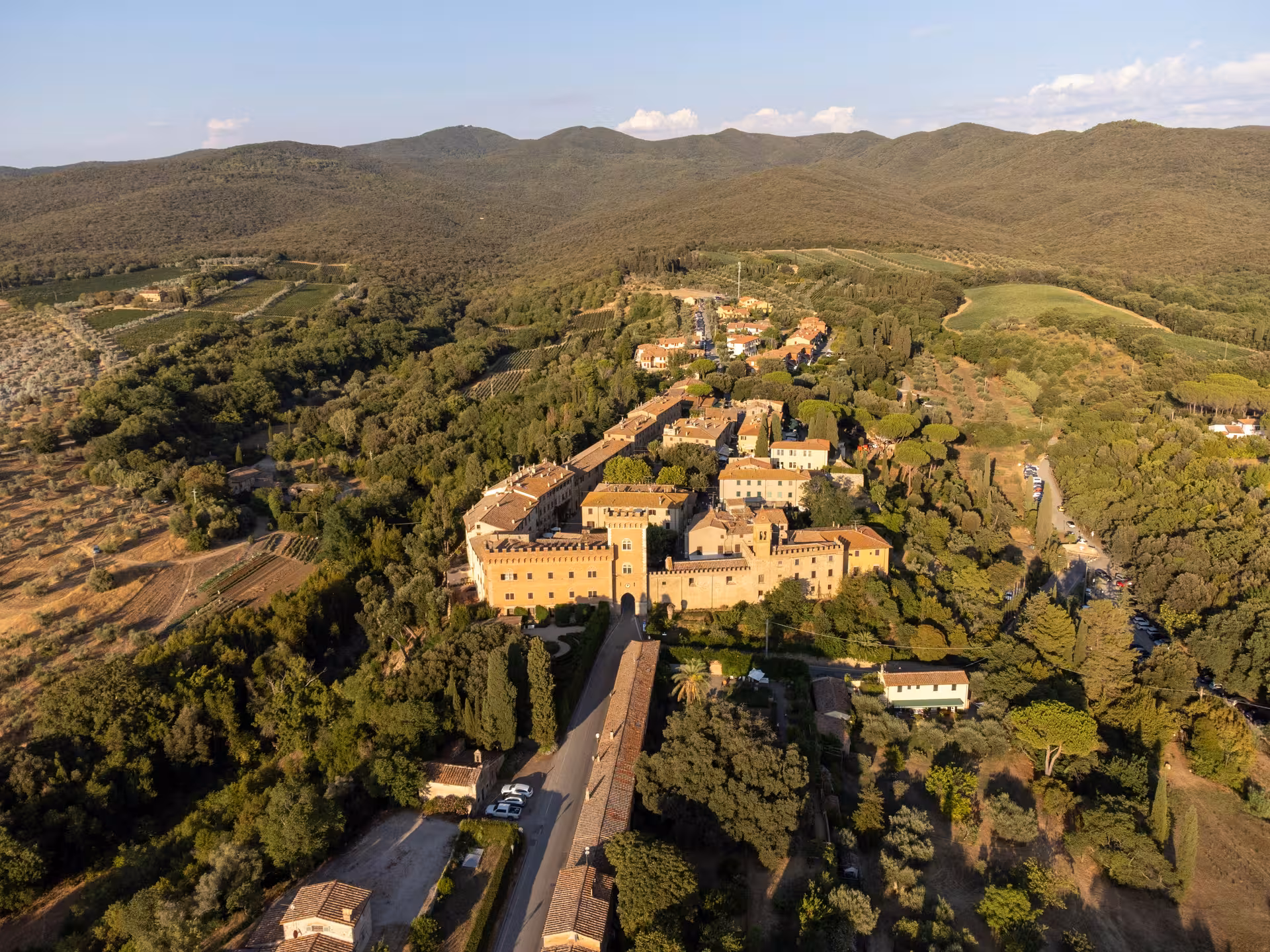 Aerial view of a picturesque Tuscany village surrounded by lush vineyards and rolling hills, ideal for a luxury wine tour.