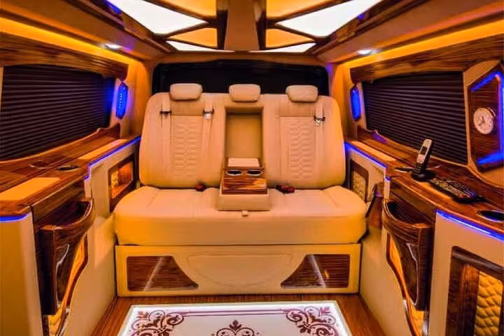 Luxury private Cappadocia airport transfer vehicle interior with leather seats, ambient lighting and Wi‑Fi