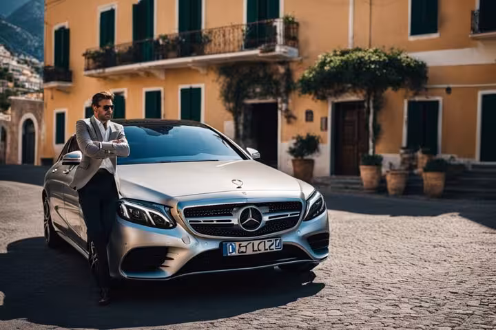 A stylish man leans on a luxury car parked in a picturesque Amalfi street, ideal for a private tour experience.