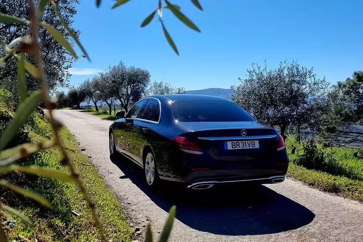 Luxury car driving through picturesque olive groves in the Douro Valley wine region.