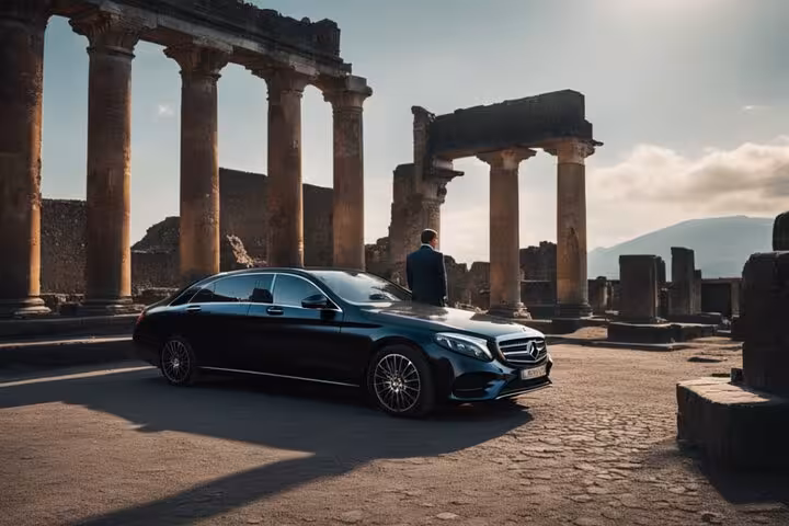 Luxury car parked in front of ancient Pompeii ruins, showcasing exclusive private tour experience.