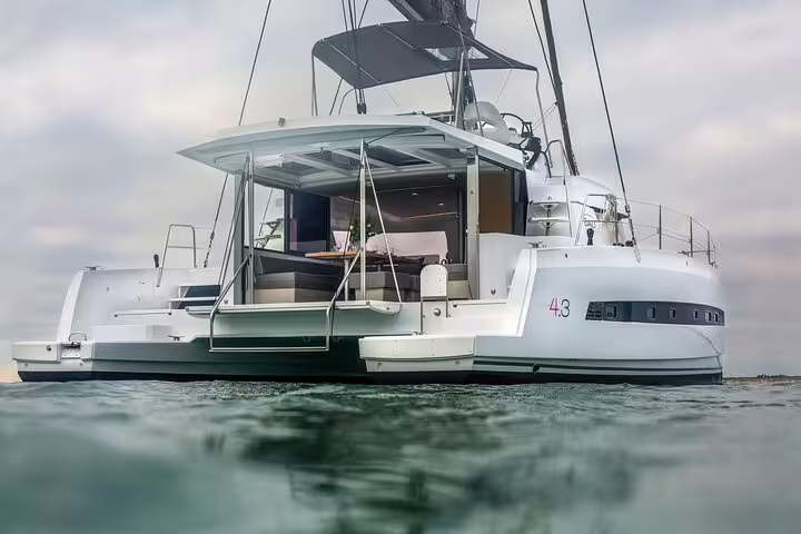 Luxurious catamaran anchored off Limassol, Cyprus, offering exclusive sea views and premium amenities for a memorable tour.