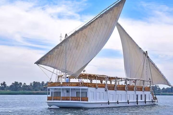 Luxury dahabiya sailboat cruising the Nile, 5-day Luxor to Aswan itinerary with private cabins and sun deck