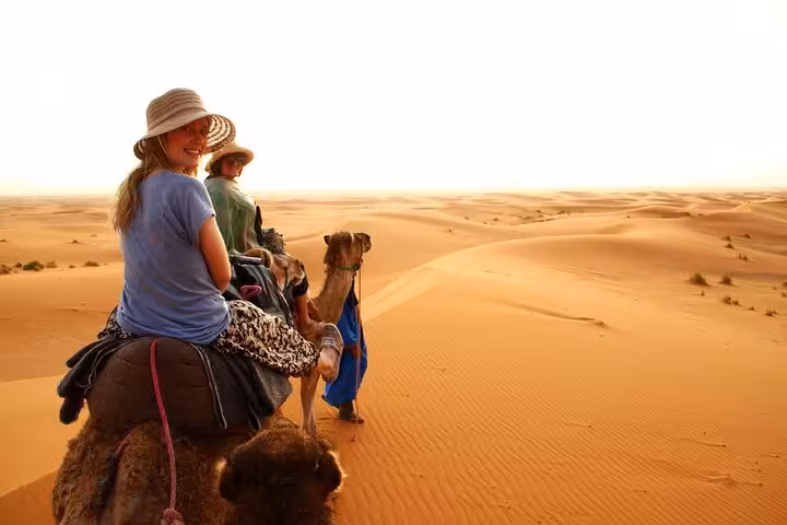 Travelers riding camels through the golden sand dunes on a 2-day luxury desert tour from Fes.