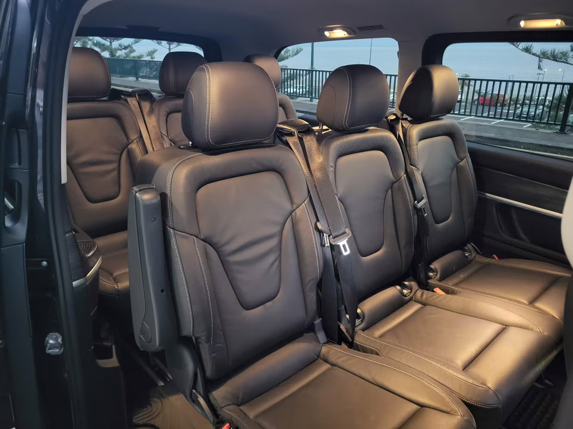 Luxurious leather interior of spacious van for private Madeira tour, ensuring comfort and style while exploring the island.