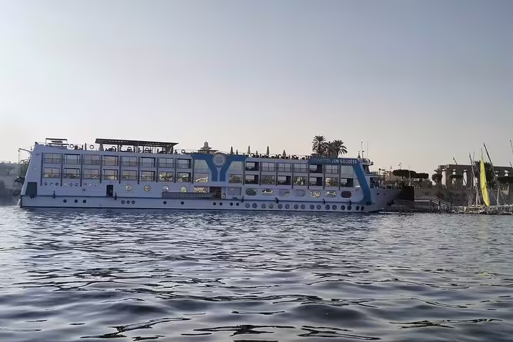 Luxury Nile River cruise ship at sunset in Egypt, part of 8-day Cairo and pyramids cruise itinerary