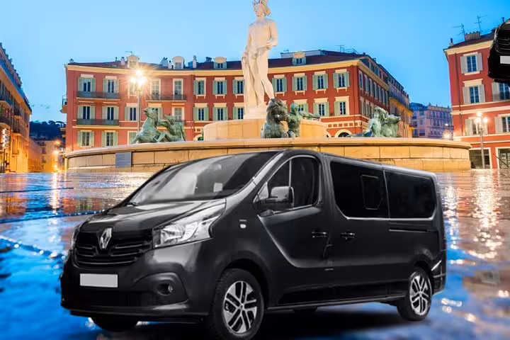 Luxury Renault van private transfer from Marseille to Nice, pictured in Place Masséna, French Riviera