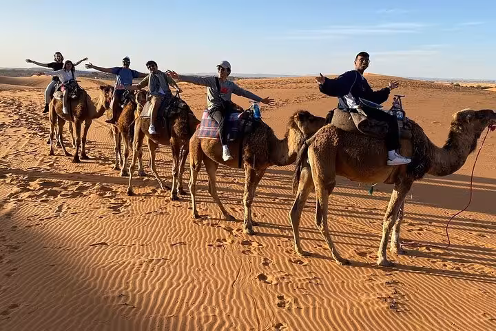 Group of tourists riding camels across Sahara desert landscape on luxury tour from Fes.