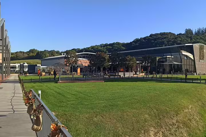Green landscaped grounds and contemporary buildings of The Mall outlet village in Tuscany on private chauffeur shopping tour