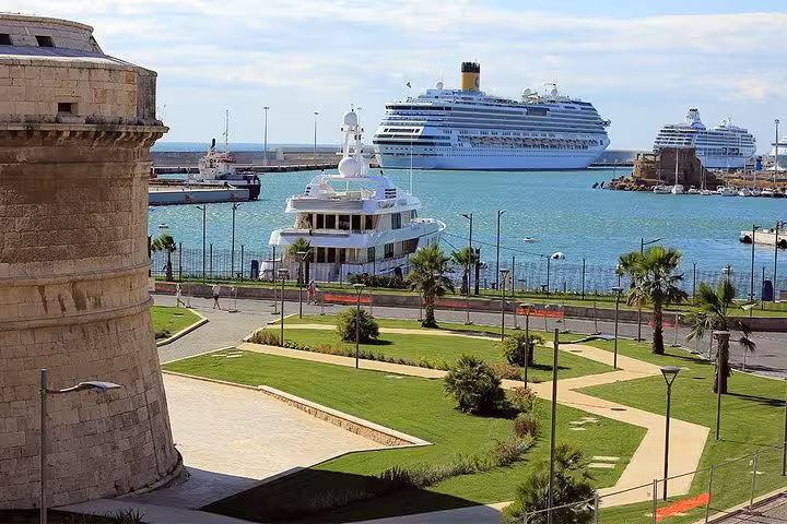 Luxury van ready for transfer service at Civitavecchia port with a large cruise ship in the background.