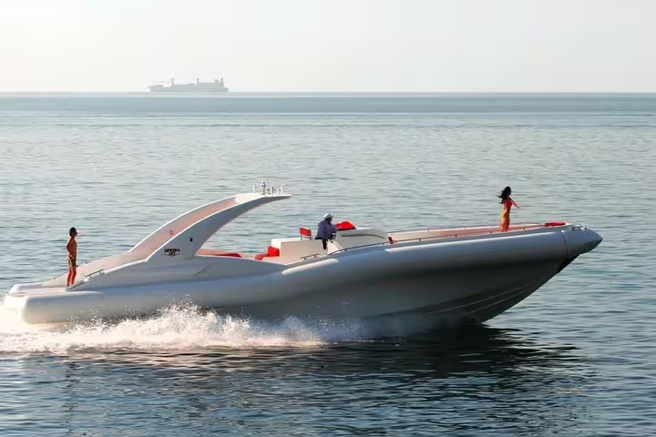 Sleek luxury boat with passengers enjoying serene sea views on a whale and dolphin tour.