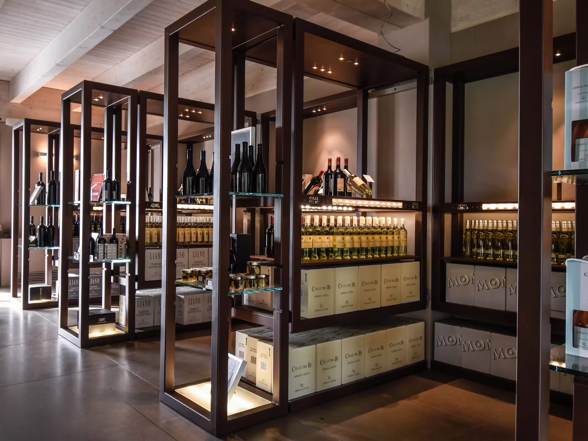 Elegant wine display at a tasting venue near Bologna, showcasing diverse wine selections for pairing experiences.