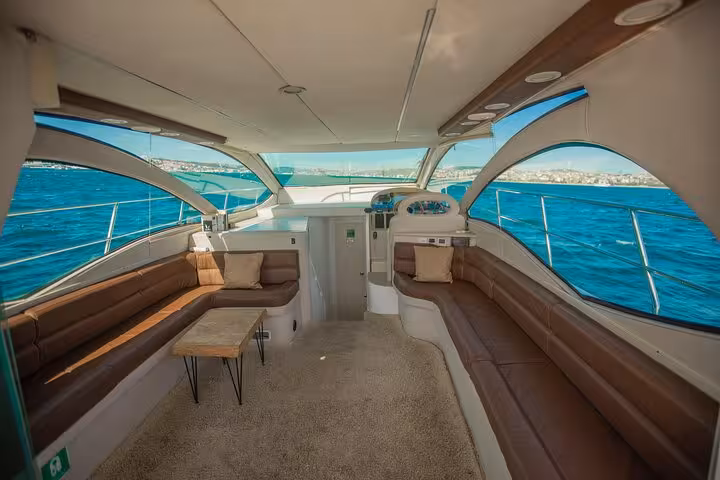 Luxury yacht cockpit seating with sea views on a private Istanbul Bosphorus yacht cruise tour