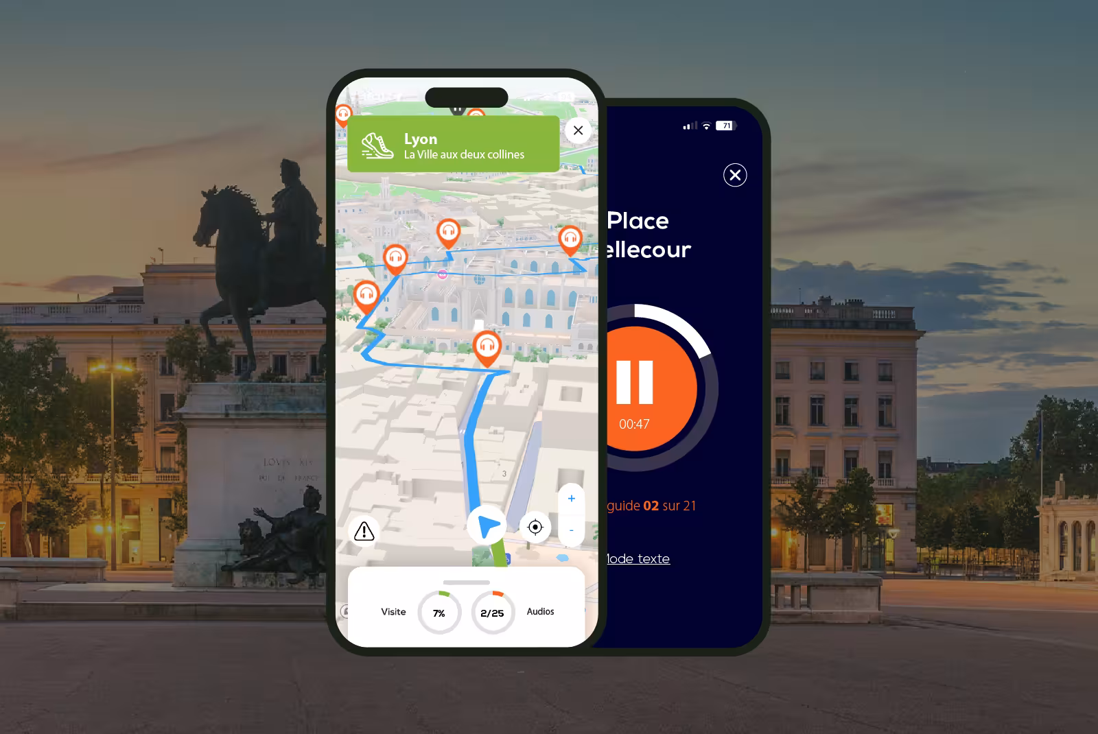 Lyon audioguide mobile application interface on smartphone with the statue of Louis XIV in the background.