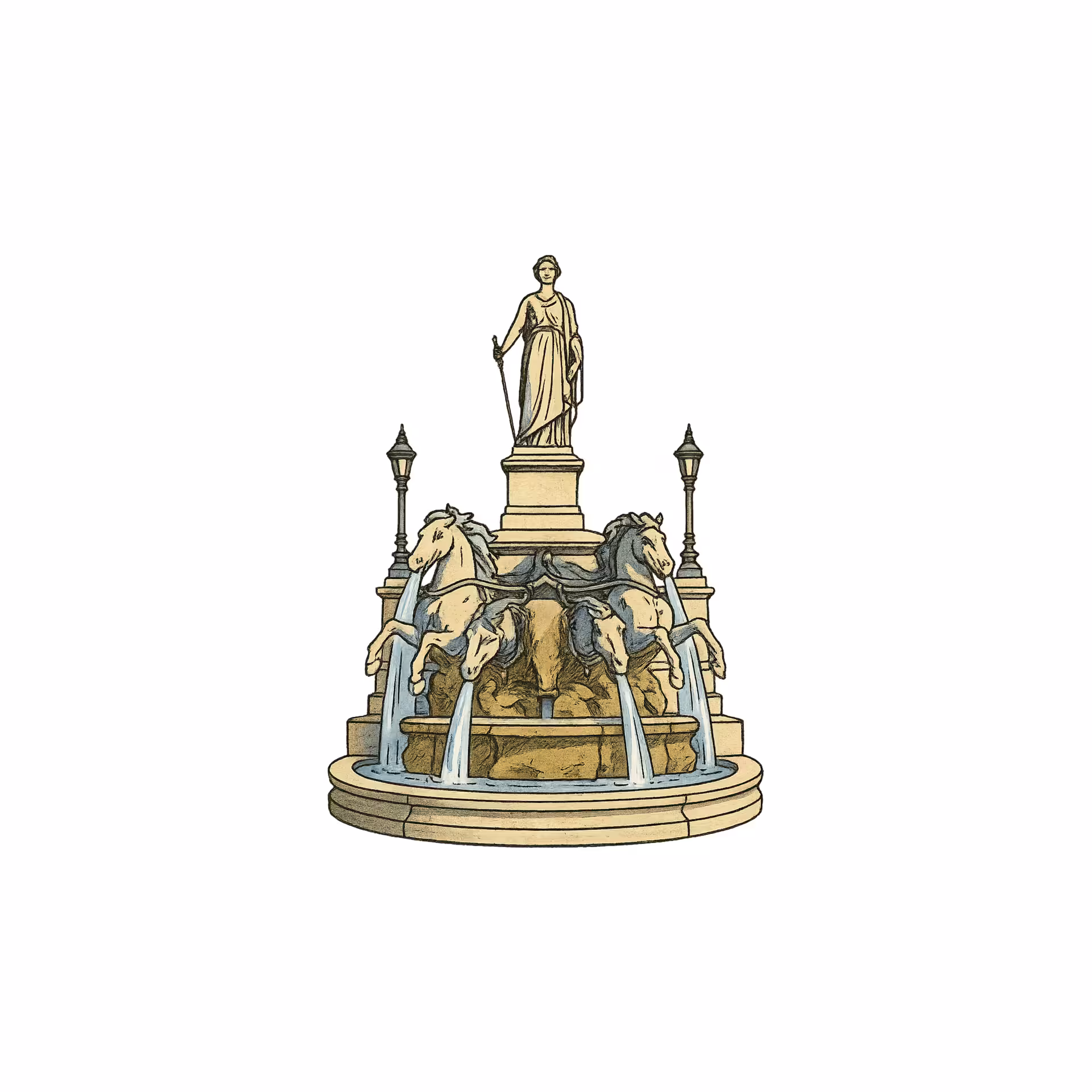 Ornate Lyon fountain with horse sculptures and classical female statue atop a tiered stone base