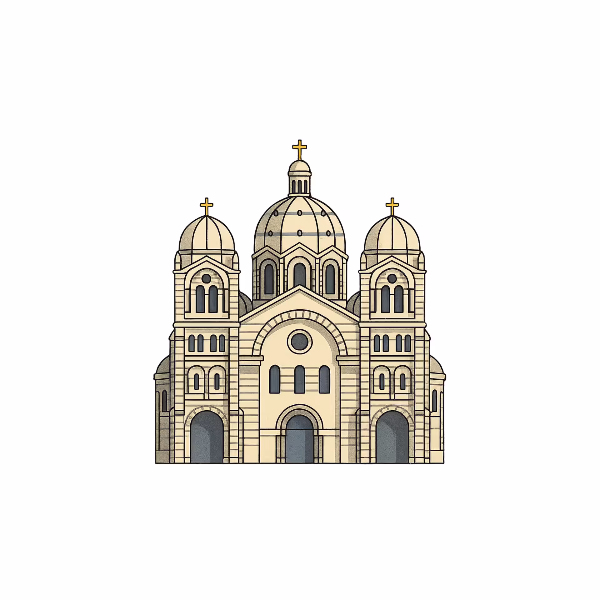 Illustrated Byzantine-style cathedral with three domes and golden crosses, representing Lyon historic architecture