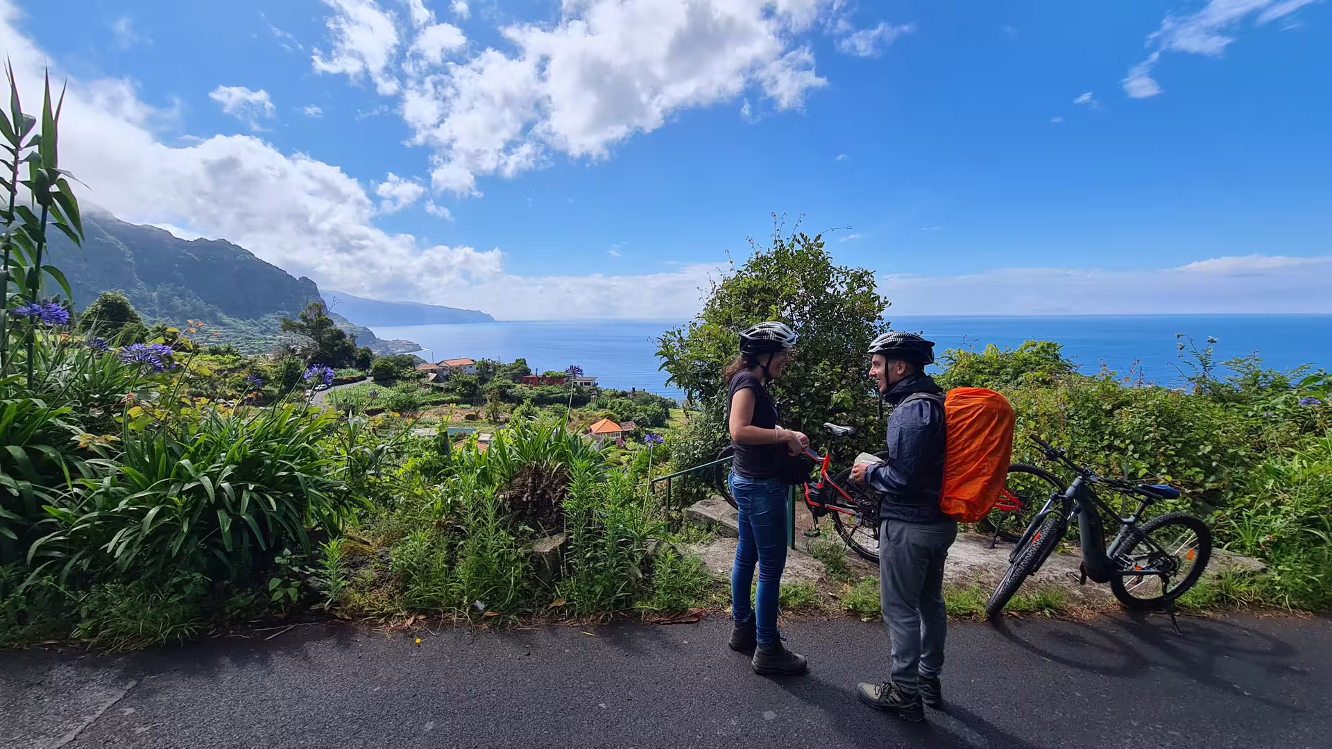 Cyclists enjoy panoramic ocean views during a guided e-bike tour on Madeira's scenic North Coast, surrounded by lush greenery.