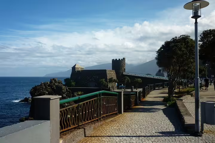Coastal walkway leading to a historic fortress in Madeira, set against the backdrop of the Atlantic Ocean.