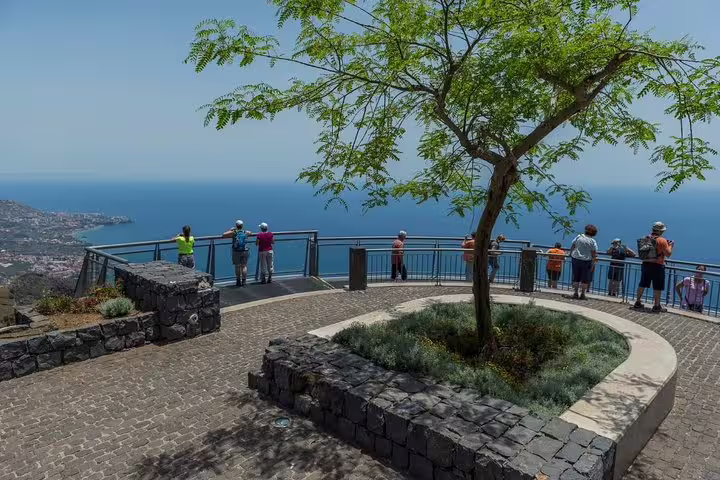 Tourists enjoying panoramic ocean views from a scenic lookout on Madeira Island, surrounded by lush greenery.