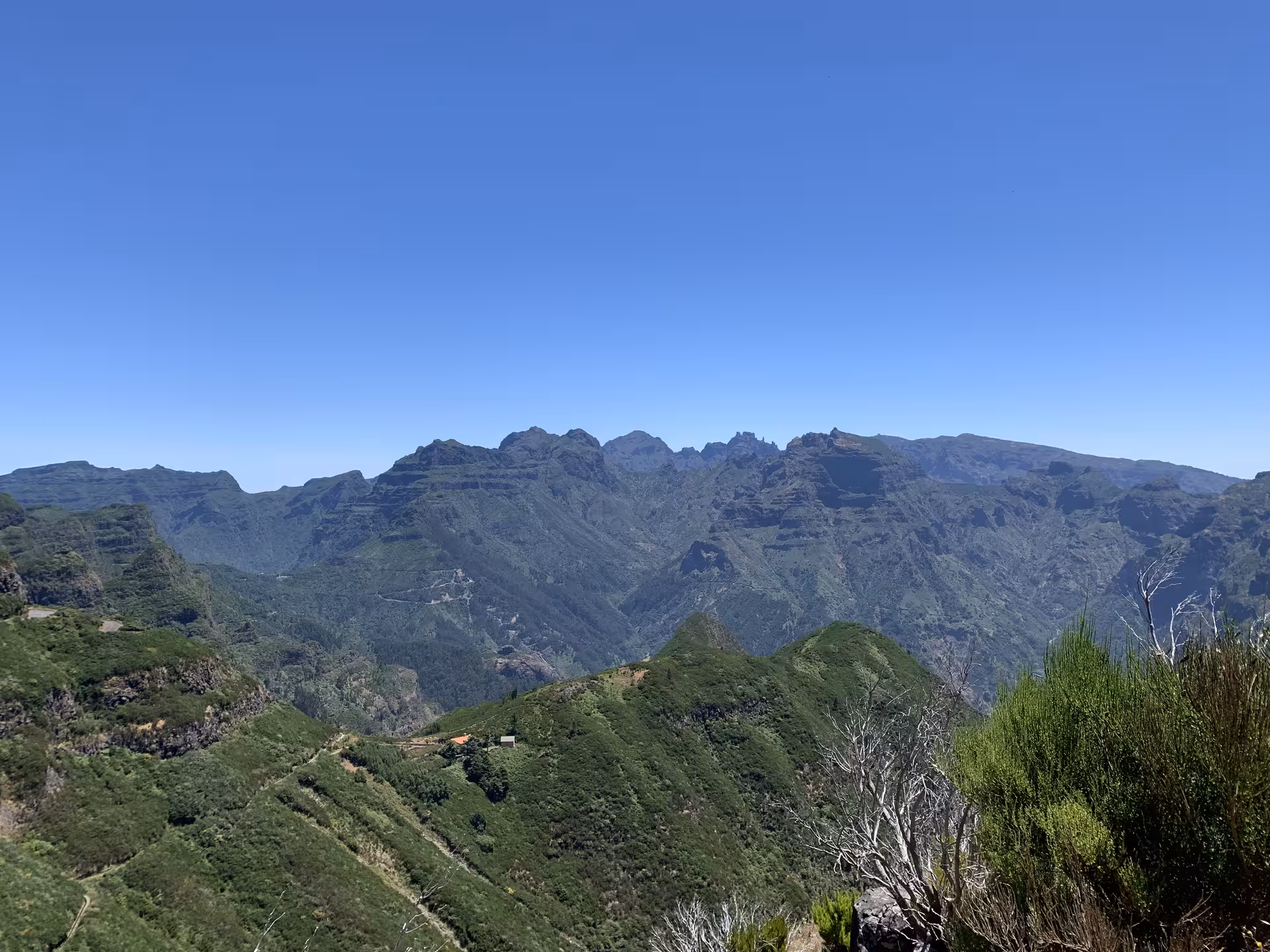 Breathtaking panoramic view of lush green mountain peaks on a private guided small group tour in Madeira