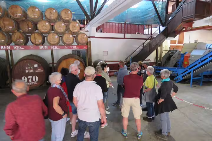 Visitors explore a Madeira rum distillery, surrounded by barrels, during a full-day guided tour of the Madeira Islands.