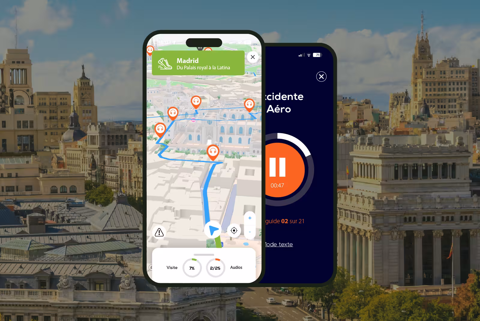 Madrid audioguide mobile application interface on smartphone with the Cybele Palace in the background.