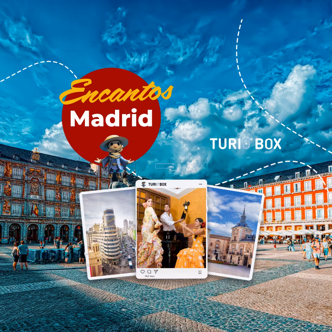 Madrid local charms tour promo with Plaza Mayor and flamenco tablao photo collage for TURIBOX experience