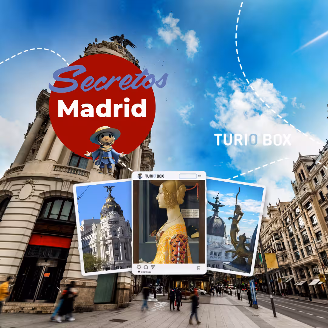 Cartel promocional Secretos Madrid con Gran Vía y Museo Thyssen, tour de secretos locales en Madrid con almuerzo