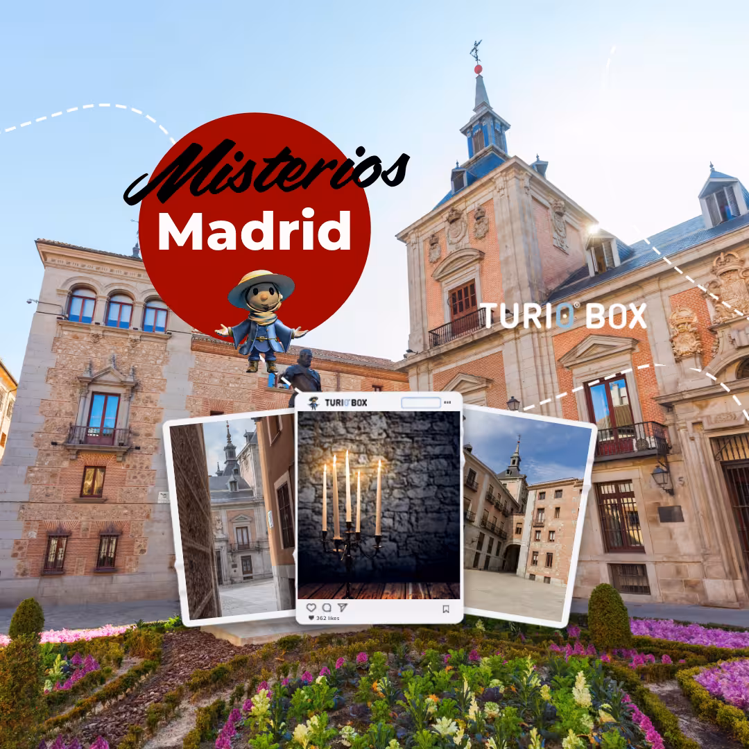 Madrid Misterios Locales walking tour promo at Plaza de la Villa with Turio Box clues and Museo de Cera