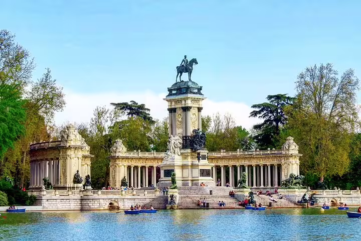 Monument to Alfonso XII with equestrian statue at Retiro Park lake, Madrid