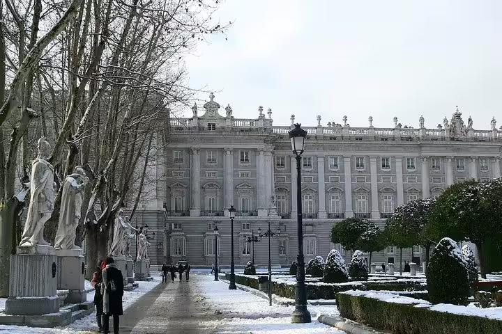 Snowy Royal Palace of Madrid gardens, ideal start point for a private day trip from Madrid to Toledo