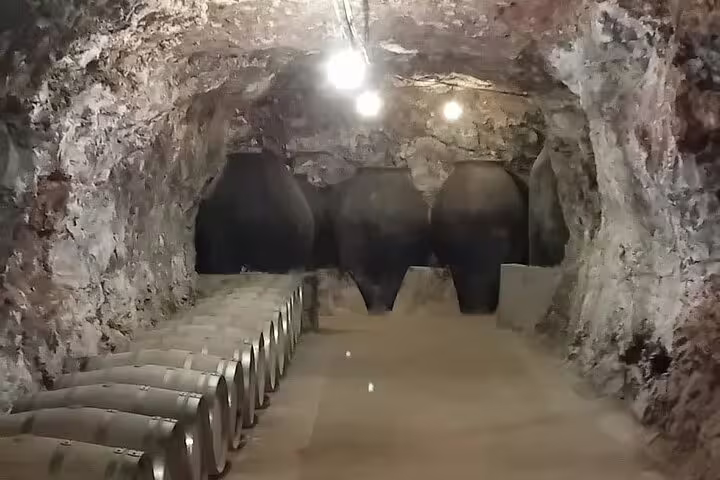 Explore a rustic wine cellar with rows of oak barrels during the Madrid Wine Tour with tastings.